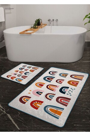 Kaymaz Taban Yıkanabilir 2’li Banyo Paspası - Gökkuşağı Desenli 60*100 Cm - 50*60 Cm BM0128 - Pilloveland