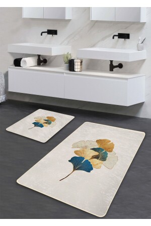 Kaymaz Taban Yıkanabilir 2’li Banyo Paspası - Gold Ginkgo Desenli 60*100 Cm - 50*60 Cm - Pilloveland