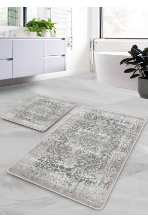 Kaymaz Taban Yıkanabilir 2’li Banyo Paspası - Gri Farmhouse Desenli 60*100 Cm - 50*60 Cm BM0197 - Pilloveland