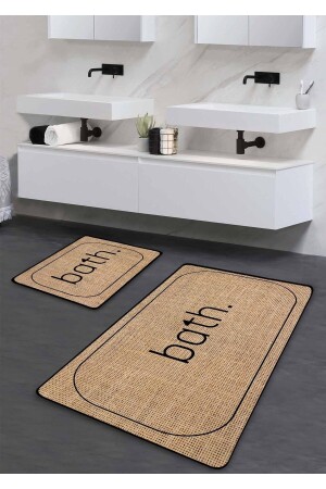 Kaymaz Taban Yıkanabilir 2’li Banyo Paspası - Jüt Görünümlü Bath Desenli 60*100 cm - 50*60 cm - Pilloveland