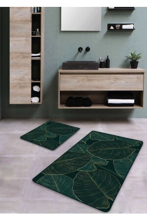 Kaymaz Taban Yıkanabilir 2’li Banyo Paspası - Koyu Yeşil Yaprak Desenli 60*100 Cm - 50*60 Cm - Pilloveland