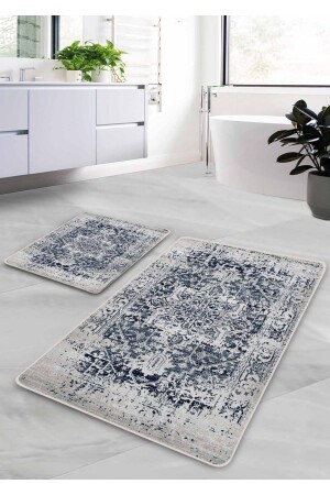 Kaymaz Taban Yıkanabilir 2’li Banyo Paspası - Lacivert Farmhouse Desenli 60*100 Cm - 50*60 Cm - Pilloveland