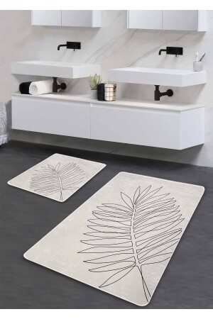 Kaymaz Taban Yıkanabilir 2’li Banyo Paspası - Minimal Yaprak 60*100 cm - 50*60 cm - Pilloveland