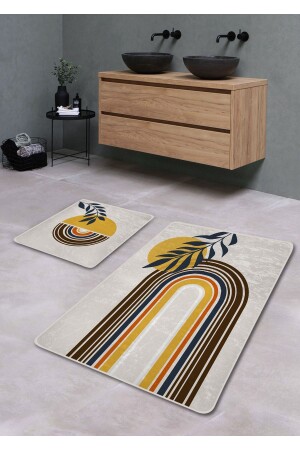 Kaymaz Taban Yıkanabilir 2’li Banyo Paspası - Omega Desenli 60*100 Cm - 50*60 Cm BM0183 - Pilloveland