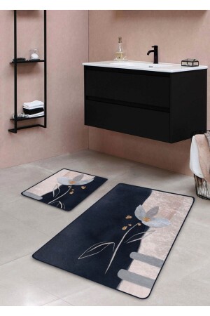 Kaymaz Taban Yıkanabilir 2’li Banyo Paspası - Pudra Çiçek Desenli 60*100 Cm - 50*60 Cm BM0057 - Pilloveland