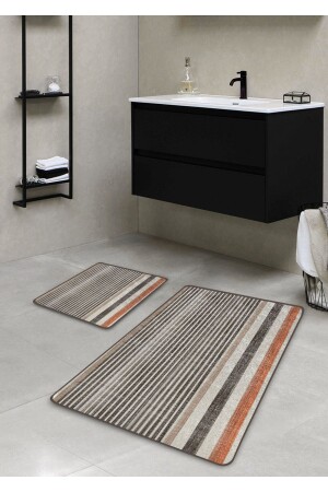 Kaymaz Taban Yıkanabilir 2’li Banyo Paspası - Soft Çizgi Desenli 60*100 Cm - 50*60 Cm BM0036 - Pilloveland