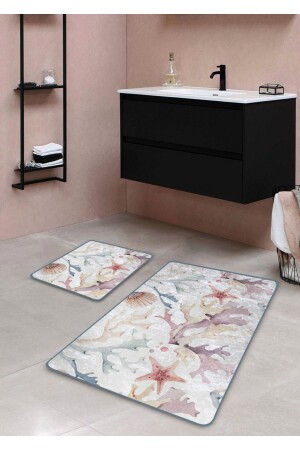 Kaymaz Taban Yıkanabilir 2’li Banyo Paspası - Soft Marin Desenli 60*100 Cm - 50*60 Cm BM0017 - Pilloveland