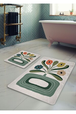 Kaymaz Taban Yıkanabilir 2’li Banyo Paspası - Vazo Desenli 60*100 Cm - 50*60 Cm - Pilloveland
