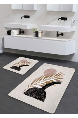 Kaymaz Taban Yıkanabilir 2’li Banyo Paspası - Yaprak Desenli 60*100 Cm - 50*60 Cm BM0186 - Pilloveland