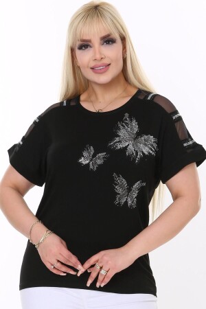 Kelebek Desen Taş Baskılı Omzu Tül Şerit Kısa Kol Yuvarlak Yaka Rahat Likralı Esnek Büyük Beden Bluz - Kheos