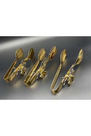 Kelebekli Gold Şık Servis Sunum Takımı Titanyum Kaplama 3'lü Maşa Seti Paslanmaz Çelik MZKB89 - 3