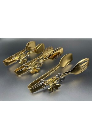 Kelebekli Gold Şık Servis Sunum Takımı Titanyum Kaplama 3'lü Maşa Seti Paslanmaz Çelik TYC00495020709 - 3