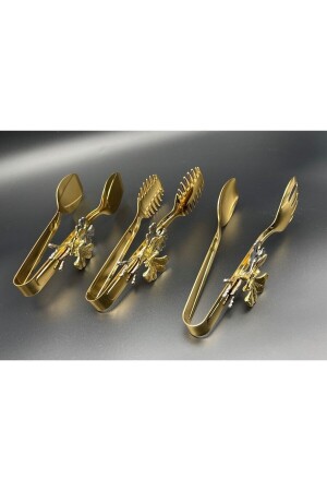 Kelebekli Gold Şık Servis Sunum Takımı Titanyum Kaplama 3'lü Maşa Seti Paslanmaz Çelik TYC00495020709 - 4