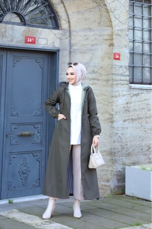 Khakifarbener, gefütterter, wasserdichter langer Trenchcoat für Damen mit Vordertasche und selbstgefüttertem Futter - Vibeys Collection