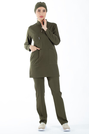 Khakigrünes Hijab-Krankenschwesteruniform- und Hijab-Arztuniform-Set aus dünnem Lycra-Stoff - Alsancak Üniforma