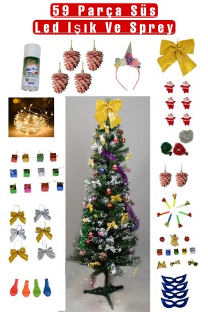 Kiefernbaum-Set Gold, Paket 120 cm, Baum 59 Stück, Ornament, LED-Licht, Schneespray, Spitze, Schleife, Einhorn-Krone, 120 GOLD - 1