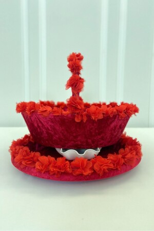 Kına Tepsisi- Nişan- Nikah- Söz- Kına Sepeti- Kırmızı Kadife Üç Boyutlu Lazer Çiçek Süslemeli - Zeymerade