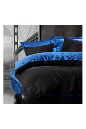 King-Size-Bettbezug-Set aus Satin mit Knopfverzierung in Schwarz und Blau battal55 - METİNEV