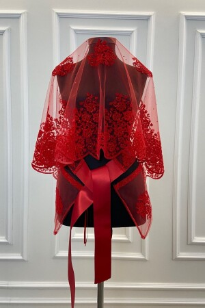 Kırmızı Çift Desenli Flok Baskı Simli Gelin Duvak Kuşak Eldiven Set - Zeymerade