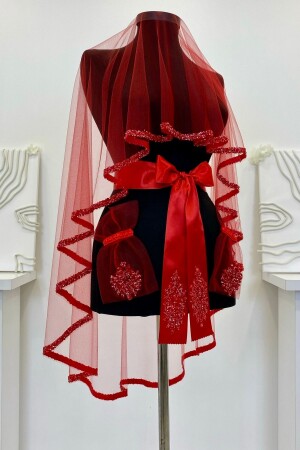 Kırmızı Gelin Duvak Seti- Cam Boncuk ve Pul Baskılı Kına Duvağı Seti 6 Parça - Zeymerade