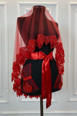 Kırmızı Gelin Duvak Seti- Cam Boncuk ve Pul Baskılı Kına Duvağı Seti 6 Parça - Zeymerade