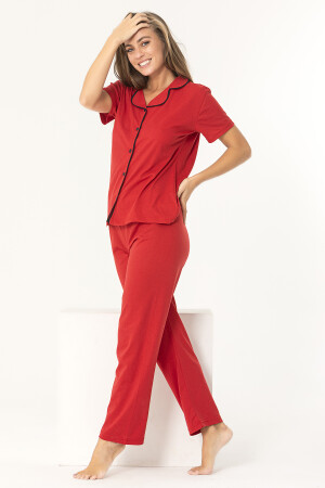 Kırmızı Renk Biyeli Pamuklu Kısa Kol Pijama Takımı ÖND-P-4109 - 2