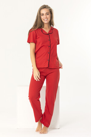 Kırmızı Renk Biyeli Pamuklu Kısa Kol Pijama Takımı ÖND-P-4109 - 3