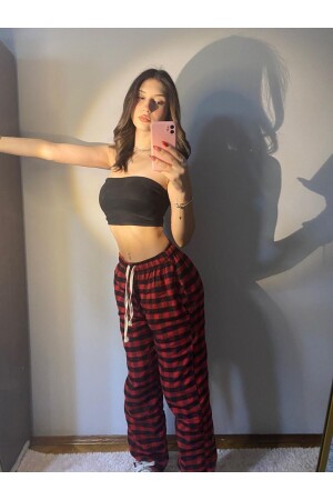 Kırmızı Siyah Kare Ekose Desenli Rahat Unisex Oversize Eşofman Altı Pijama - Violon