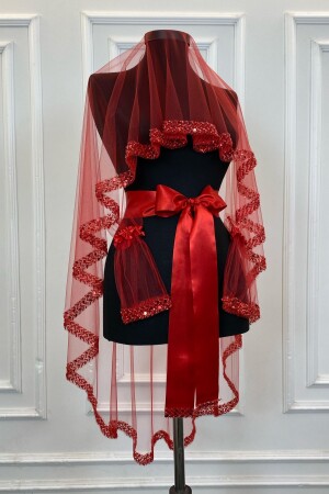 Kırmızı Zarif Gelin Duvak Seti- Su Taşlı Kına Duvağı Seti 6 Parça - Zeymerade