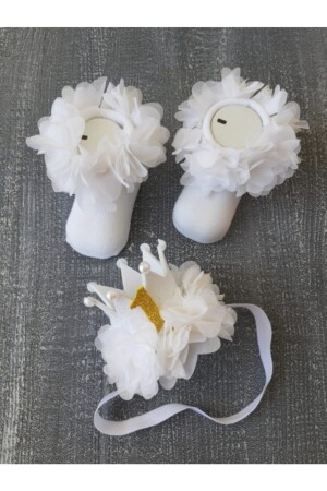 Kız Bebek Beyaz-gold 1 Yaş Doğum Günü Taç Çorap Set gdgs2407 - pempem bandana