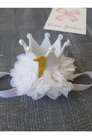 Kız Bebek Beyaz-gold 1 Yas Doğum Günü Tacı - Pempem Bandana