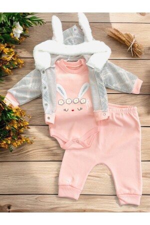 Kız Bebek Kapüşonlu Tavşan Kulaklı Çizgili Tavşan Baskılı 3 Parça Zıbınlı Şirin Kız Bebek Takım - Vegamod