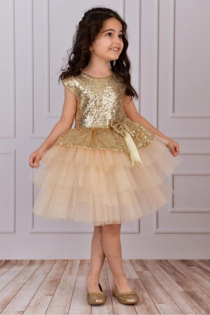 Kız Çocuk Bej Tüllü Abiye Elbise 9359 - Mixie