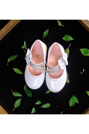 Kız Çocuk Beyaz Taşlı Cırtcırtı Fiyonklu Babet - Pabrik