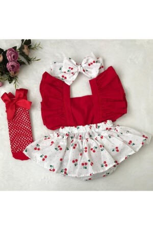 Kız Çocuk Kiraz Desen Fırfırlı Slopet Bandana Kırmızı File Çorap Set - Şapkakids