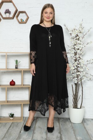 Kol Cep Ve Etek Ucu Dantel Detaylı Uzun Kollu Elbise - Kheos