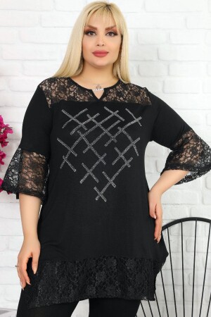 Kol Ve Etek Ucu Dantelli Taş Işlemeli Yaka Taşlı Kısa Kollu Tunik - Kheos