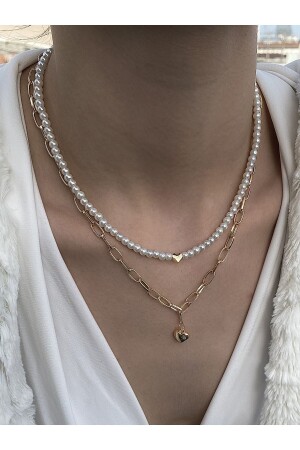 Kombin gold zincirli inci kalp kolye - Takıtarzım
