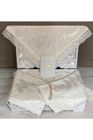 Krem Kadife Sandıklı Seccade Seti 7 Parça Fransız Güpürlü Bohça Seti 991000 - Dilek