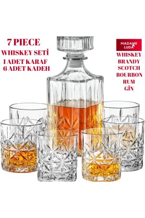 Kristal 1 Adet 730 Ml.karaf Sürahi & 6 Adet Kristal 240 Ml.kadeh Bardak 7 Parça Viski Seti Takımı. - Madame Luda