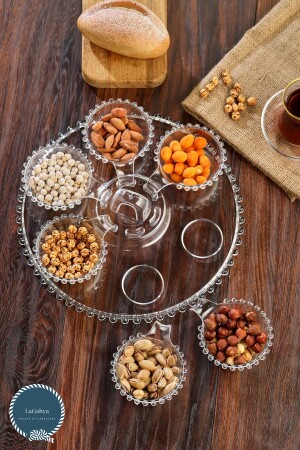 Kristal 7 Parça Tepsili Boncuklu Sosluk Sunumluk Çerezlik Reçellik Kahvaltılık İkram Seti - Lagabya