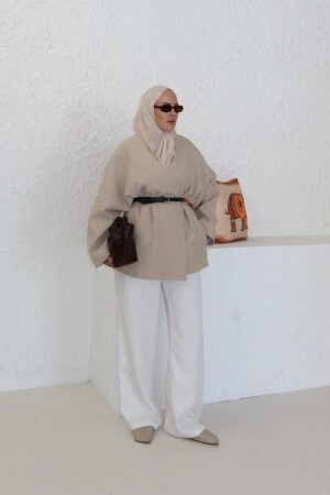 Kruvaze Kapama Premium Biyeli Ceket Taş - Nuuwears