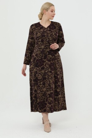 Kuplu Desenli Rahat Şık Tesettür Büyük Beden Anne Elbisesi - Mürdüm - Likapa