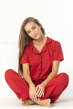 Kurzarm-Pyjama-Set aus paspelierter Baumwolle in roter Farbe ÖND-P-4109 - 1