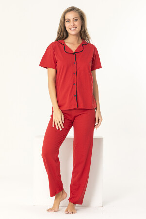 Kurzarm-Pyjama-Set aus paspelierter Baumwolle in roter Farbe ÖND-P-4109 - 4