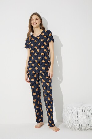 Lacivert Ayıcık Desenli Pamuklu Likralı Pijama Takım 7624 - 2