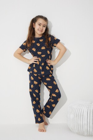 Lacivert Ayıcık Desenli Pamuklu Likralı Pijama Takım 7624 - 3