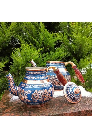 Lacivert Seramik Boya Kaplama Gül Çiçek Bakır Çaydanlık 1477 - 3