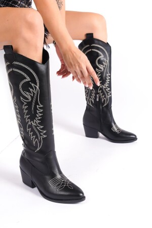 Lange Western-Cowboystiefel für Damen aus schwarzem Leder mit besticktem Reißverschluss - Bak Store