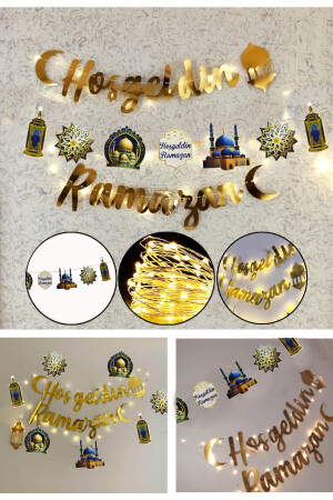 Ledli Hoşgeldin Ramazan Banner Yazı- Dekoratif Uzar Süs Ay Yıldız Kuran Mahya Cami Temalı Set 140cm - 1